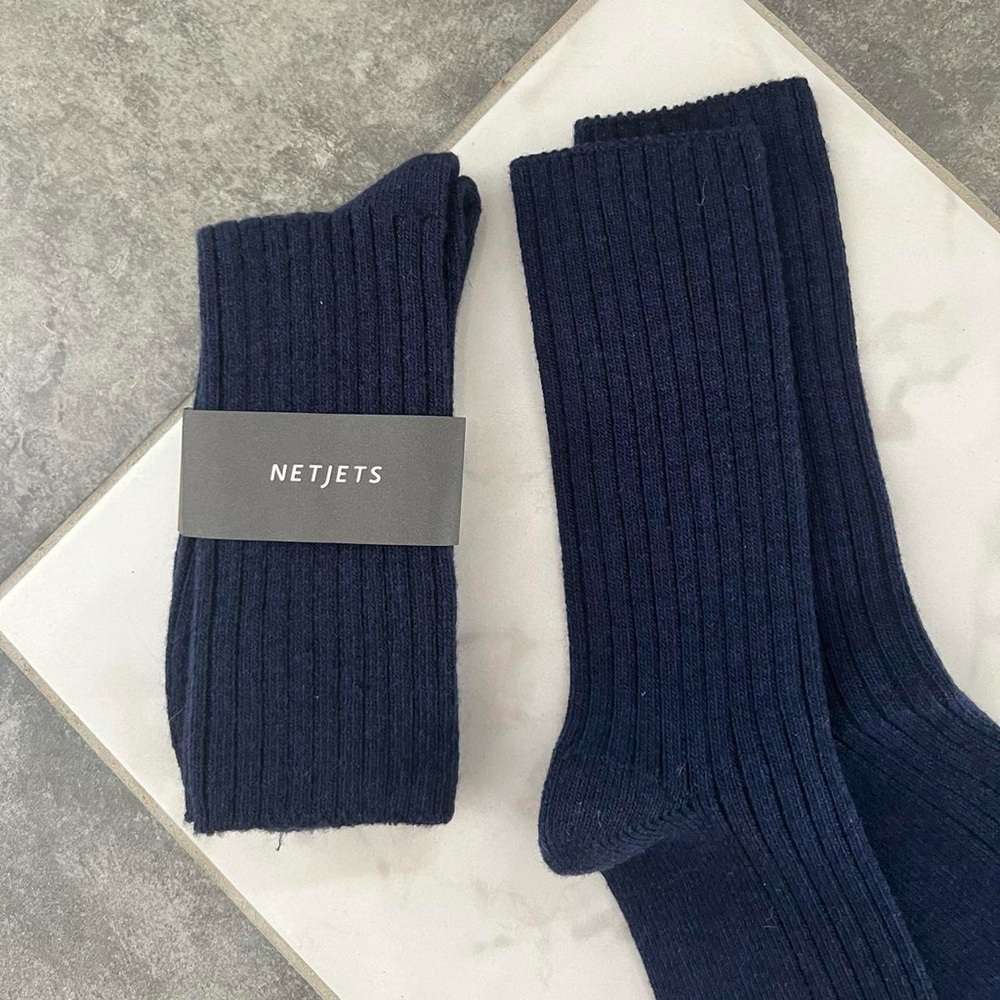 Netjets 100% Wool Navy Blue Ribbed Tall Socks One Size Men’s Womens - Picture 2 of 4